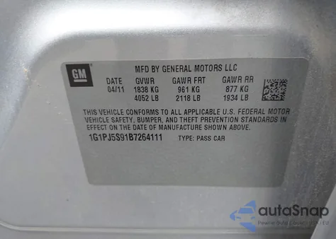 2011 Chevrolet Cruze Eco from USA, damaged, VIN 1G1PJ5S91B7264111